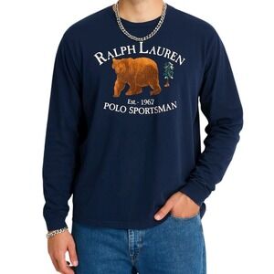 VIntage Ralph Lauren Polo Sportsman Bear T-Shirt Mens XL Fits L Navy Blue Tee